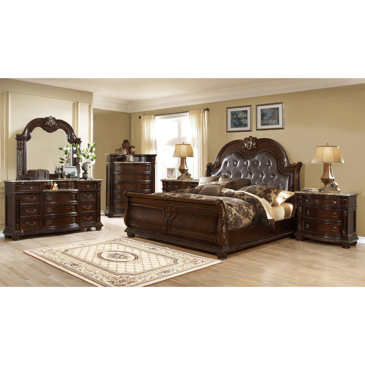 Traditional Style 5Piece King (Includes: King Size Bed, Nightstand , Dresser, Chest and Mirror) Button Tufted Bedroom Set Made with Wood in Dark Walnut