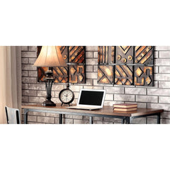 Industrial Inspired Desk With An Antique Black Metal Construction Replicated Wood Top And Caster Wheel Accents