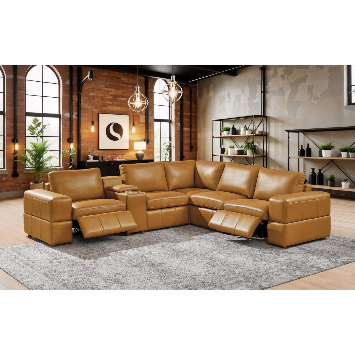 Premium Leather Match Upholstered Large Arms Sectional with Two Recliner Seats