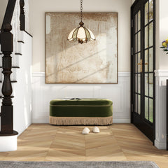 Avalon 48.5" Oval Tufted Bullion Fringe Storage Bench, Olive Green Performance Velvet