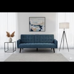 72" Sleeper Sofa Bed - Convertible Folding Backrest to Full Bed with Cup Holder & Drop-Down Table - Space Saving Linen Sofa for Small Spaces - Easy Assembly, Blue