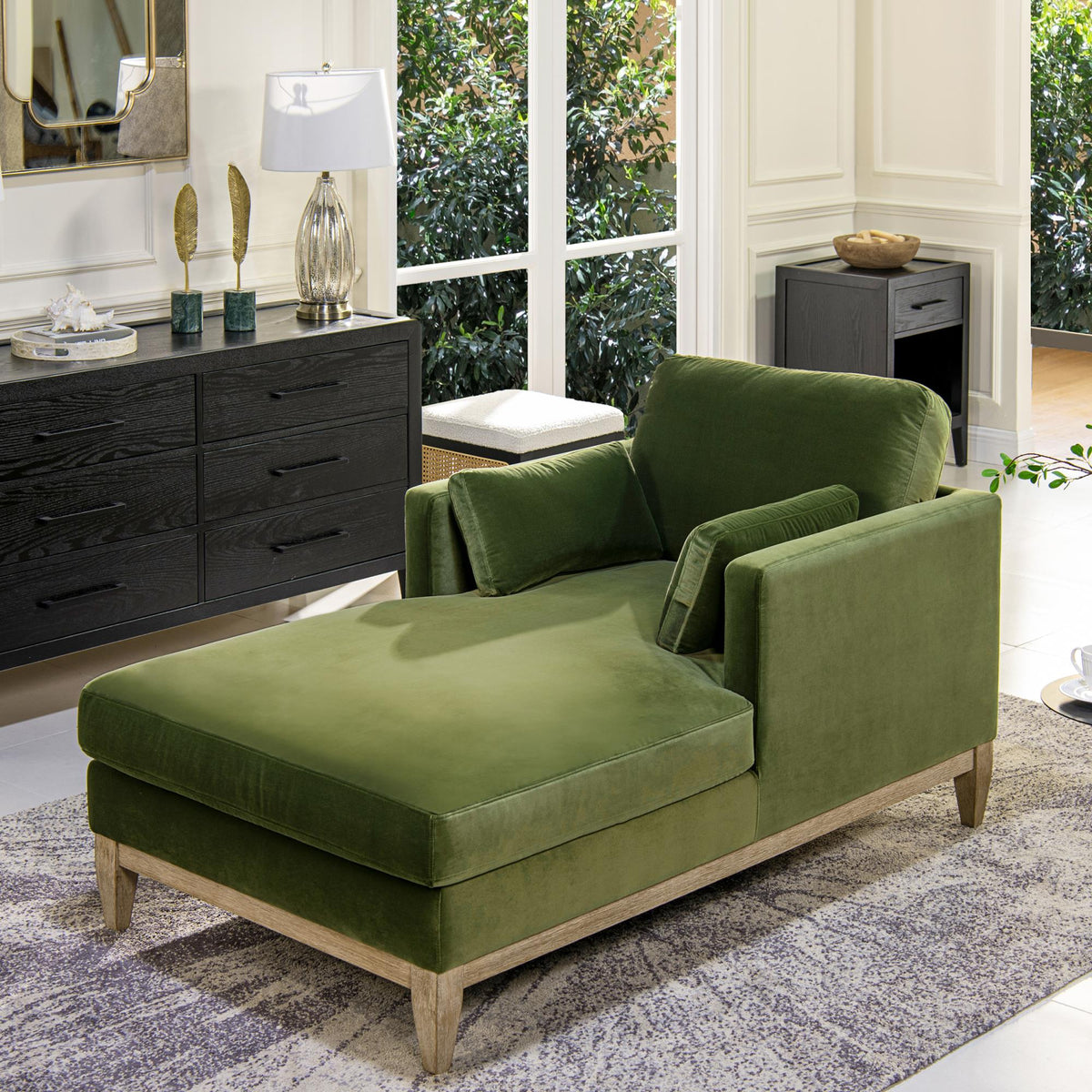 Revelation 65" Modern Farmhouse Chaise Lounge Chair, Olive Green Performance Velvet