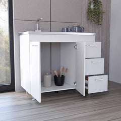 Aphrodite Base Cabinet , Three Drawers, Double Door, Four Legs -White