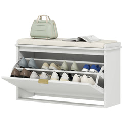 Shoe Storage Bench with Padded Seat Cushion and Flip-Drawer, Entryway Bench, Shoe Cabinet, 31.5x10.2x18.7 Inches, White