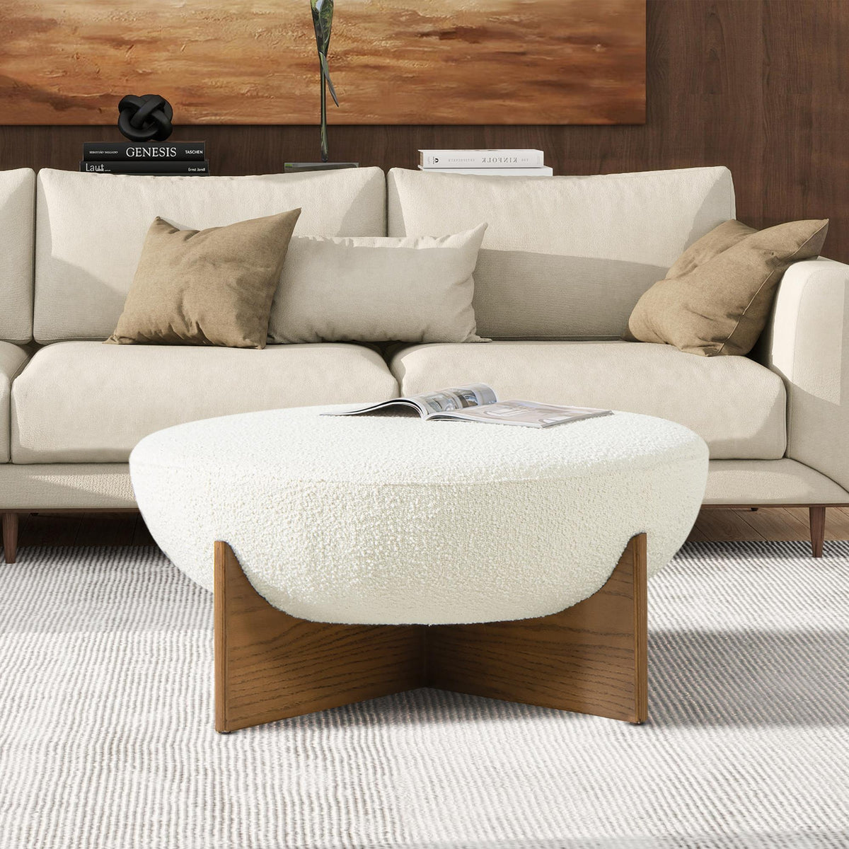 Vista 37" Round Upholstered Cocktail Ottoman with Natural Wood Base, Ivory White Boucle