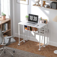 Folding Computer Desk, Foldable Desk with Storage Bag, Shelf and Wheels for Small Spaces, Home Office, White