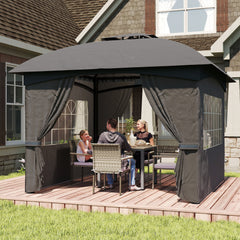 11' x 11' Outdoor Gazebo, Double Roof Patio Gazebo with Curtains, Church Windows, Galvanized Steel Frame, Dark Gray