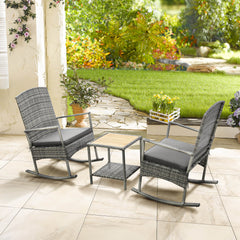 3 Piece Outdoor PE Rattan Rocking Chair Set, Patio Wicker Recliner Rocker Chair with Soft Cushion & Nature Wood Top Coffee Table, Grey