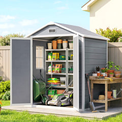 Outdoor Storage Shed, 6' x 4.5' Garden Shed with Double Lockable Doors, Vent and Window, Plastic Utility Tool Shed, Gray