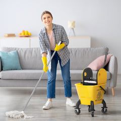Mop Bucket with Wringer on Wheels for Floor Cleaning, 27.5 Quart Down Press Wringer with Handle and Mop, Yellow