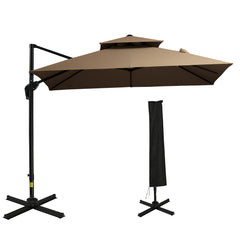 10ft Offset Patio Umbrella with Base, Double Top Hanging Aluminum Cantilever Umbrella with 360-degree Rotation, Easy Tilt, 8 Ribs, Crank, Cross Base, Cover, Strap, Coffee