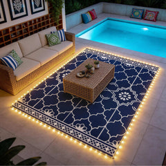 Reversible Outdoor Rug Carpet with LED Lights, 10' x 8' PP Straw Rug with Carry Bag and Ground Stakes
