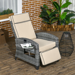 Outdoor Recliner Chair with Cushions, Reclining Patio Lounge Chair with Adjustable Footrest, Armrests, Tray Table, Khaki