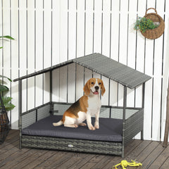 Outdoor Dog Bed with Canopy, Rattan Dog Bed with Soft Cushion Removable Cover for Medium and Large Dogs, Dark Gray
