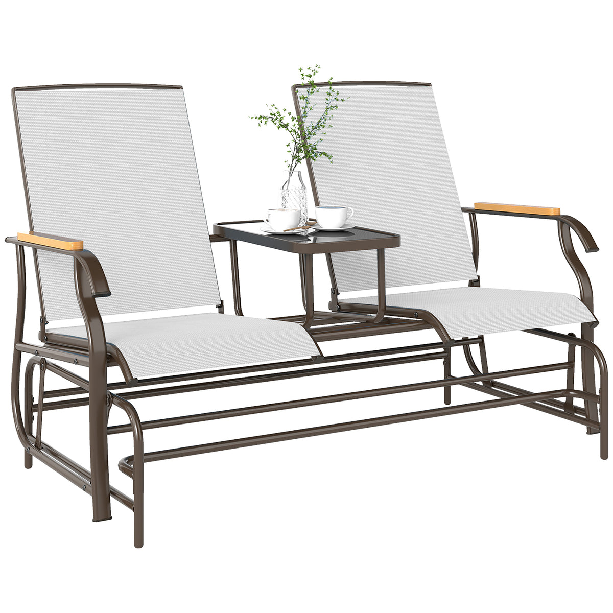 Outdoor 2-Person Glider Bench, Outside Glider Swing Chair Loveseat with Table, Steel Frame, Cream White