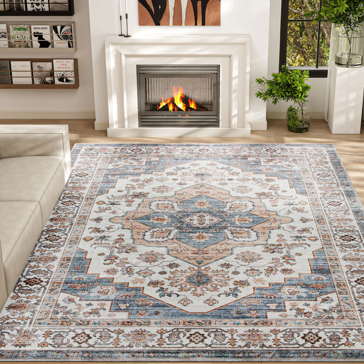 8x10 Area Rug, Vintage Machine Washable Rug, Non-Slip Carpet for Living Room, Bedroom, Dining Room, Brown & Light Blue