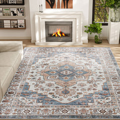 8x10 Area Rug, Vintage Machine Washable Rug, Non-Slip Carpet for Living Room, Bedroom, Dining Room, Brown & Light Blue