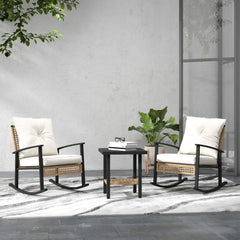 3 Pieces Bistro Set, Patio Wicker Furniture Set with Button Tufted Cushions, Rattan Rocking Chairs, Coffee Table, White