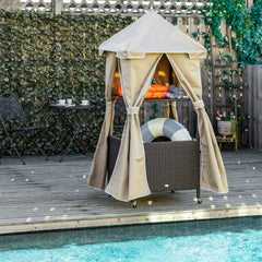 Outdoor Towel Valet Caddy,Covered Poolside Towel Holder Rack,Shelf,Rolling PE Rattan Wicker Storage on Wheels,Beige