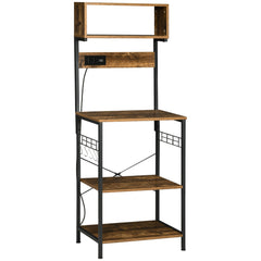 Kitchen Bakers Rack with Power Outlet, USB Charger, Microwave Stand, Coffee Bar with Adjustable Shelves, 5 Hooks for Spices, Pots and Pans, Rustic Brown
