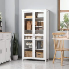 63" Kitchen Pantry Cabinet, Freestanding Storage Cabinet, Display Cabinet with 2 Glass Door and 2 Adjustable Shelves for Dining Room, White