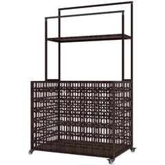 Wicker Pool Float Storage Organizer, PE Rattan Pool Float Holder with Basket Shelf Towel Bars, Rolling Pool Caddy for Floaties, Noodles, Life Vests, Beach Balls, Mixed-Brown