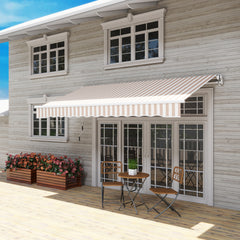 12' x 10' Manual Retractable Awning Outdoor Sunshade Shelter with Adjustable & Versatile Design, Beige and White