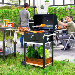 Charcoal BBQ Grill, Outdoor Portable Cooker for Camping or Backyard Picnic, Barbecue Grill with Side Table, Bottom Storage Shelf, Wheels and Handle, Black