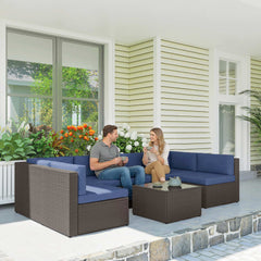 7 Piece Patio Furniture Set, All Weather PE Rattan Outdoor Furniture Conversation Sets with Glass Top Coffee Table