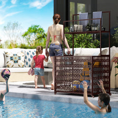 Wicker Pool Float Storage Organizer, PE Rattan Pool Float Holder with Basket Shelf Towel Bars, Rolling Pool Caddy for Floaties, Noodles, Life Vests, Beach Balls, Mixed-Brown