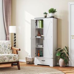 72" Farmhouse Pantry Cabinet with Adjustable Shelves, Kitchen Pantry Cabinet with 2 Doors, Distressed White