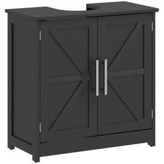 Farmhouse Pedestal Sink Storage Cabinet, Bathroom Sink Cabinet with 2 Barn Doors and Adjustable Shelf, Distressed Black