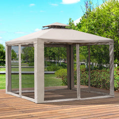 9.6' x 9.6' Patio Gazebo Outdoor Canopy Shelter with 2-Tier Roof and Netting, Steel Frame for Garden, Taupe