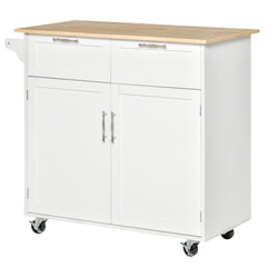 41" Modern Rolling Kitchen Island on Wheels, Utility Cart Storage Trolley with Rubberwood Top & Drawers, White