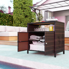 Outdoor Storage Cabinet with Acacia Wood Top, Two Doors, Shelf, Wicker Bar Table for Pool Towel Storage, Brown
