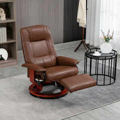 Swivel Recliner Chair, PU Leather Reclining Armchair with Retractable Footrest, Lounge Chair with Wood Base and Adjustable High Back for Small Spaces, Living Room, RV, Bedroom, Brown