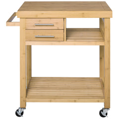 Bamboo Kitchen Island Cart on Wheels, Utility Trolley Cart with 2 Storage Drawers and Open Shelves, Bamboo Tone