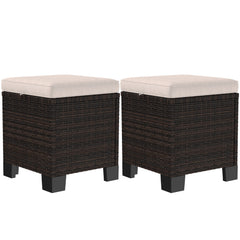 2 Piece Wicker Outdoor Ottomans with Cushions, Rattan Ottoman Footrest and Side Table for Patio, Yard, Poolside, Cream