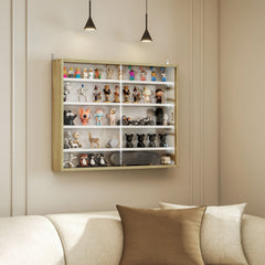 5-Tier Display Cabinet, Wall-Mounted Display Case with 2 Glass Doors and Adjustable Shelves, Oak and White