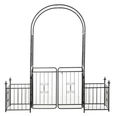 86" Garden Arch Arbor, Metal Arch Trellis with Gate and Planter Baskets, Garden Archway for Climbing Vines, Wedding Ceremony Decoration, Flourishes & Arrow Tips, Black