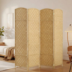 Folding Room Divider Screen 4 Panel 6' Tall Privacy Screen Freestanding Wood Partition for Home Office, Nature Wood