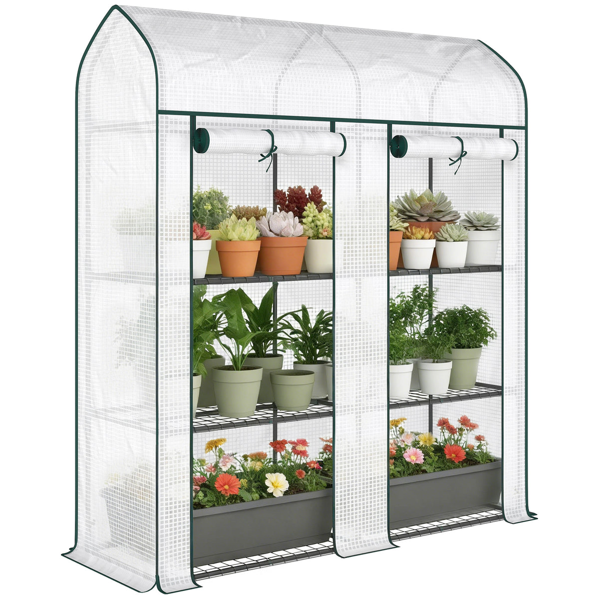 3 Tier Mini Greenhouse, Small Portable Greenhouse with 2 Roll-up Doors, 56.3" x 18.1" x 65", White