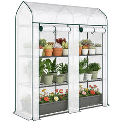 3 Tier Mini Greenhouse, Small Portable Greenhouse with 2 Roll-up Doors, 56.3" x 18.1" x 65", White