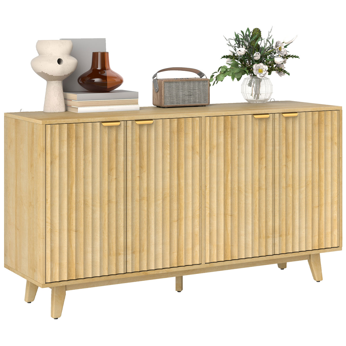 Fluted Sideboard Buffet Cabinet, 55" Coffee Bar Cabinet with 4 Doors, 2 Adjustable Shelves, 5 Wood Legs, Oak