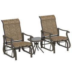 3-Piece Outdoor Gliders Set Bistro Set with Steel Frame, Tempered Glass Top Table for Patio, Garden, Light Mixed Brown