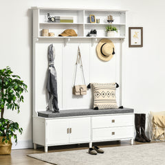 Hall Tree with Storage Bench, Entryway Bench with Coat Rack, Accent Coat Tree with Storage Shelves, Cabinet and Drawers for Hallway, Mudroom, White