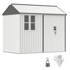 8' x 6' Metal Garden Storage Shed, Extra Large Outdoor Tool Storage House w/ Doors, Window and Air Vents, White