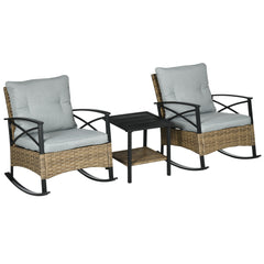 3 Piece Patio Rocking Chair Set, Outdoor Wicker Bistro Set with 2 Oversize Cushioned Porch Rockers and 2 Tier Coffee Table for Garden, Porch, Backyard, Light Gray