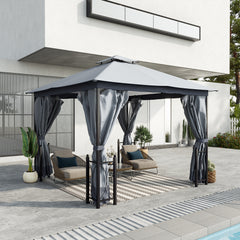 13' x 11' Patio Gazebo Canopy Garden Tent Sun Shade, Outdoor Shelter with 2 Tier Roof, Netting and Curtains, Steel Frame for Patio, Backyard, Garden, Grey