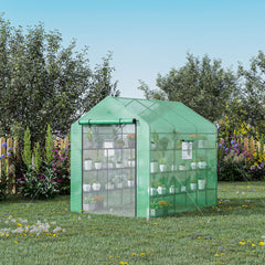 8' x 6' x 7' Walk-in Greenhouse, PE Cover, 4-Tier Shelves, Steel Frame Hot House, Roll-Up Zipper Door for Flowers, Vegetables, Saplings, Tropical Plants, Green